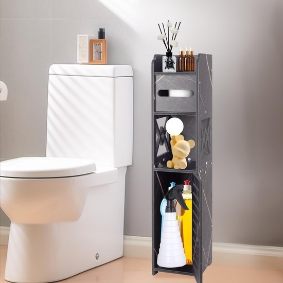Ibenzoa® Slanke zwarte opbergkast voor kleine badkamers met deuren en planken