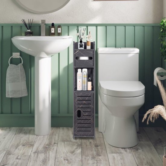 Ibenzoa® Slanke zwarte opbergkast voor kleine badkamers met deuren en planken