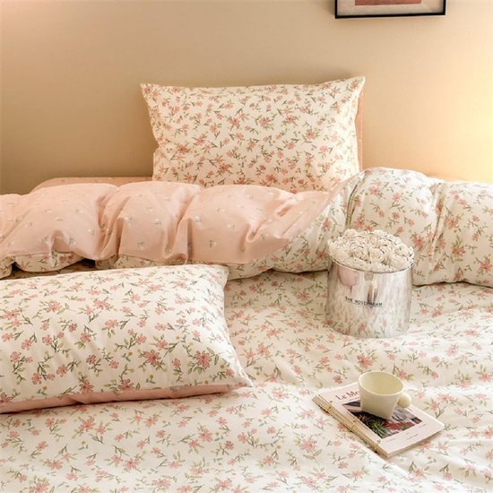 Ibenzoa® Roze bloemen dekbedovertrek set van katoen met ritssluiting en kussensloop Ibenzoa® Roze bloemen dekbedovertrek set van katoen met ritssluiting en kussensloop