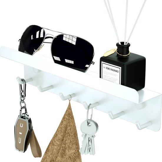 Ibenzoa® Wit sleutelrek met plank en 6 haken voor hal en keukenorganisatie