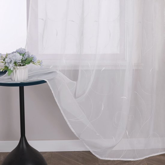 Ibenzoa® Elegante geborduurde gordijn met bladerenpatroon en lussen 140x175 cm wit