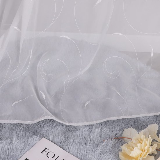 Ibenzoa® Elegante geborduurde gordijn met bladerenpatroon en lussen 140x175 cm wit