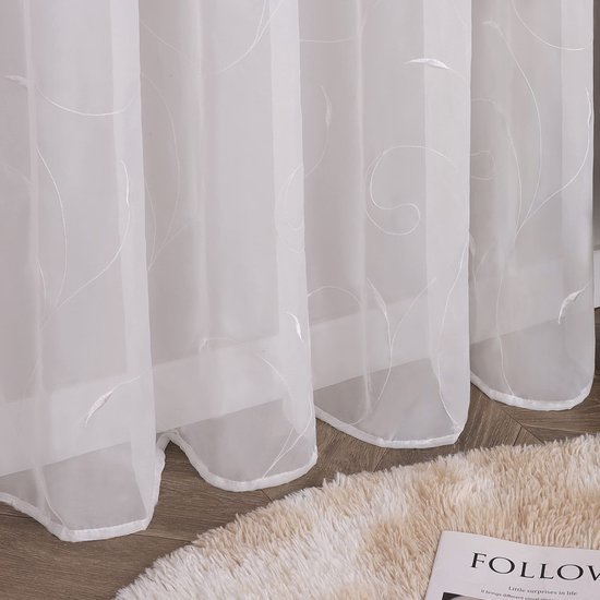 Ibenzoa® Elegante geborduurde gordijn met bladerenpatroon en lussen 140x175 cm wit
