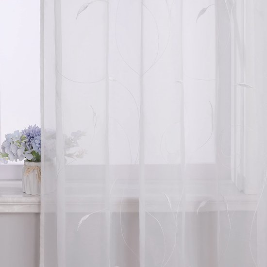 Ibenzoa® Elegante geborduurde gordijn met bladerenpatroon en lussen 140x175 cm wit