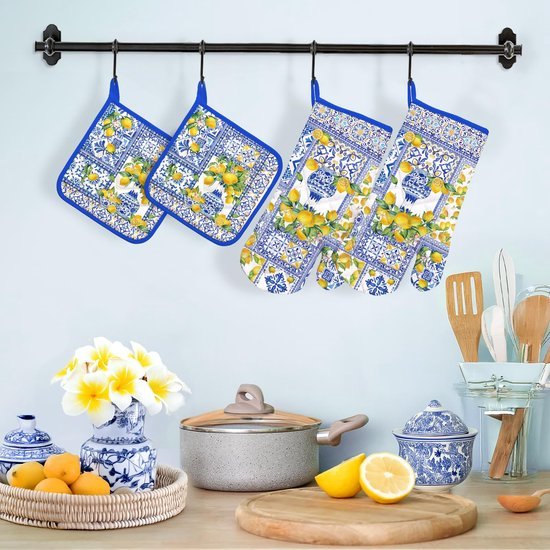 Ibenzoa® Set van 4 katoenen ovenwanten en pannenlappen voor veilig koken en bakken