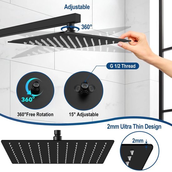 Ibenzoa® Luxe vierkante regendouchekop van roestvrij staal met zelfreinigende sproeiers