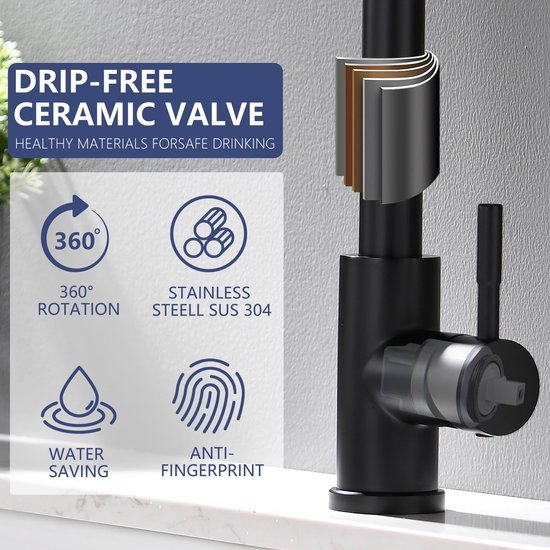 Ibenzoa® Moderne zwarte keukenkraan met uitschuifbare sproeikop en draaifunctie