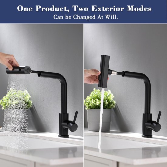 Ibenzoa® Moderne zwarte keukenkraan met uitschuifbare sproeikop en draaifunctie