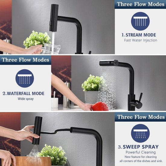 Ibenzoa® Moderne zwarte keukenkraan met uitschuifbare sproeikop en draaifunctie