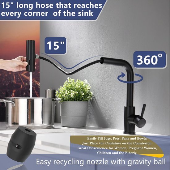 Ibenzoa® Moderne zwarte keukenkraan met uitschuifbare sproeikop en draaifunctie