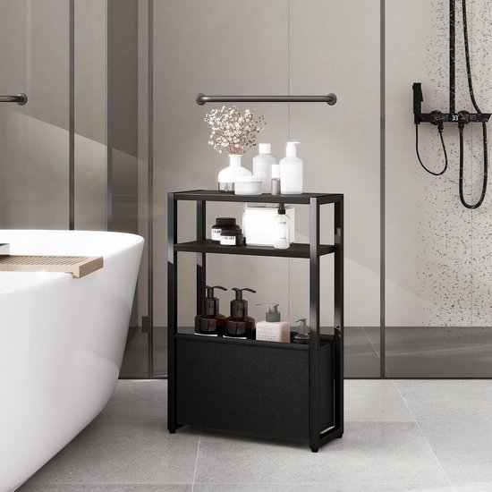 Unyqoos® Moderne bijzettafel met drie niveaus en stoffen opbergmand voor kleine ruimtes