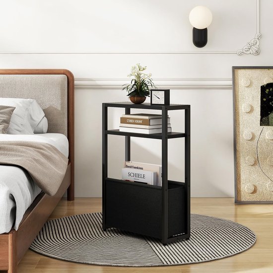Unyqoos® Moderne bijzettafel met drie niveaus en stoffen opbergmand voor kleine ruimtes