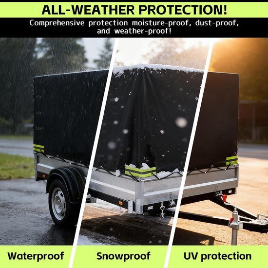 Unyqoos® Waterdicht afdekzeil voor aanhangers met reflecterende strepen en verstevigde hoeken, Zwart, 210x114x90cm