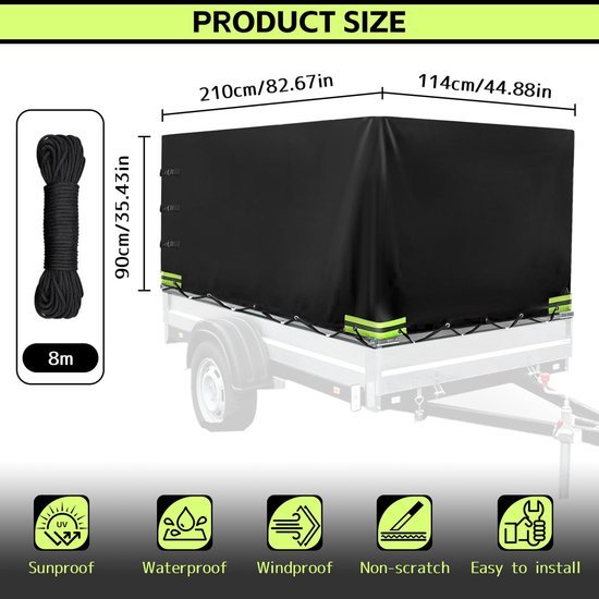 Unyqoos® Waterdicht afdekzeil voor aanhangers met reflecterende strepen en verstevigde hoeken, Zwart, 210x114x90cm