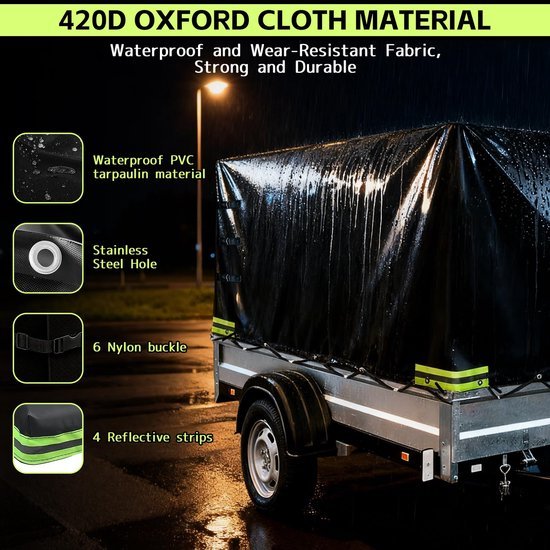 Unyqoos® Waterdicht afdekzeil voor aanhangers met reflecterende strepen en verstevigde hoeken, Zwart, 210x114x90cm