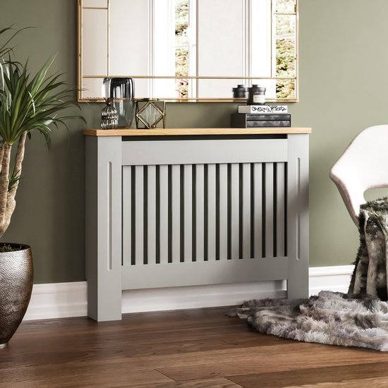 Ibenzoa® Moderne grijze radiatorafdekking met houten plank en lamellen ontwerp