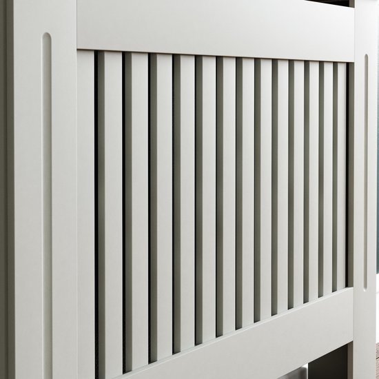 Ibenzoa® Moderne grijze radiatorafdekking met houten plank en lamellen ontwerp