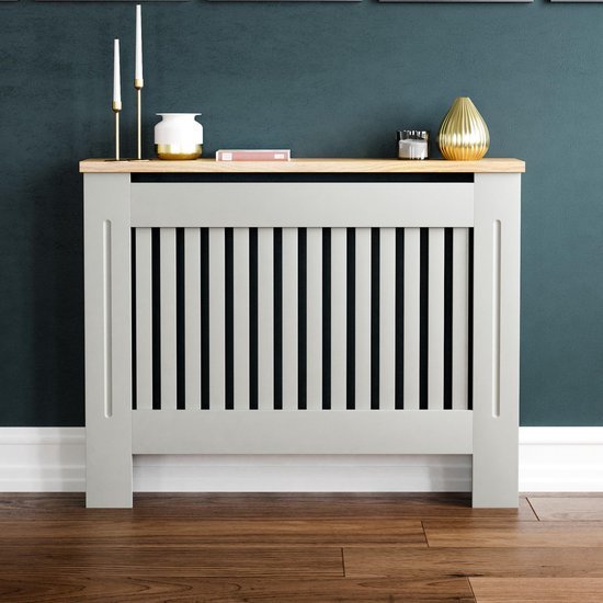 Ibenzoa® Moderne grijze radiatorafdekking met houten plank en lamellen ontwerp