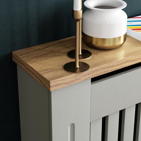 Ibenzoa® Moderne grijze radiatorafdekking met houten plank en lamellen ontwerp