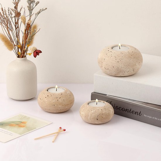 Ibenzoa® Set van drie stijlvolle handgemaakte kaarsenhouders van travertin en marmer Ibenzoa® Set van drie stijlvolle handgemaakte kaarsenhouders van travertin en marmer