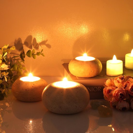 Ibenzoa® Set van drie stijlvolle handgemaakte kaarsenhouders van travertin en marmer Ibenzoa® Set van drie stijlvolle handgemaakte kaarsenhouders van travertin en marmer