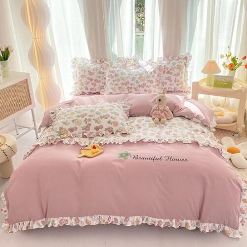 Ibenzoa® Roze Bloemen Dekbedovertrekset Enkel Bed met Kussensloop en Volant