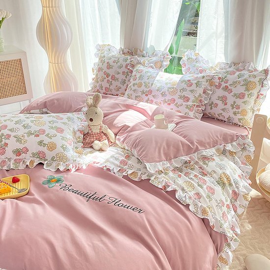 Ibenzoa® Roze Bloemen Dekbedovertrekset Enkel Bed met Kussensloop en Volant
