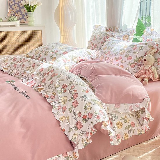 Ibenzoa® Roze Bloemen Dekbedovertrekset Enkel Bed met Kussensloop en Volant