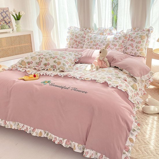 Ibenzoa® Roze Bloemen Dekbedovertrekset Enkel Bed met Kussensloop en Volant