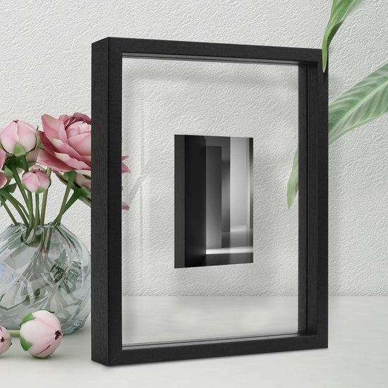 Ibenzoa® Stijlvolle zwevende fotolijst in zwart hout met dubbel glas voor elk interieur