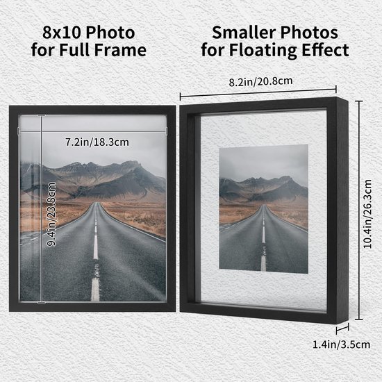 Ibenzoa® Stijlvolle zwevende fotolijst in zwart hout met dubbel glas voor elk interieur