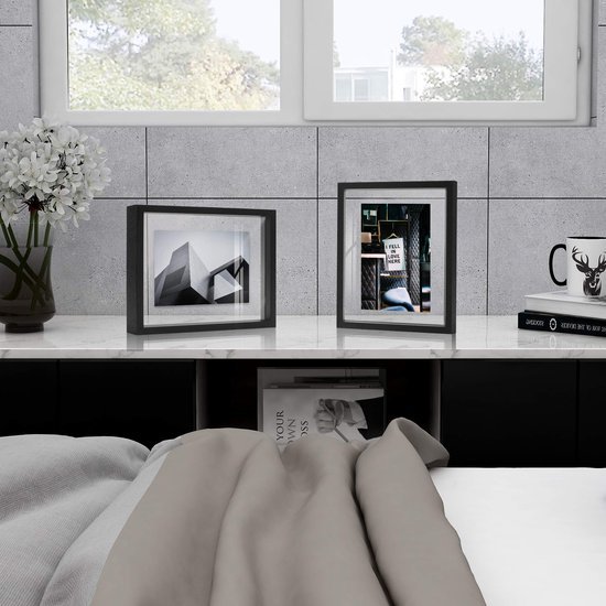 Ibenzoa® Stijlvolle zwevende fotolijst in zwart hout met dubbel glas voor elk interieur