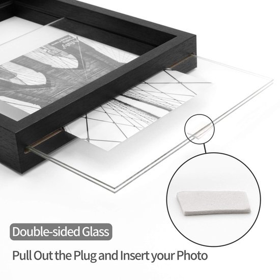 Ibenzoa® Stijlvolle zwevende fotolijst in zwart hout met dubbel glas voor elk interieur