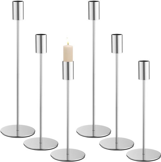 Ibenzoa® Zesdelige set zilverkleurige kandelaren voor feestelijke tafeldecoratie