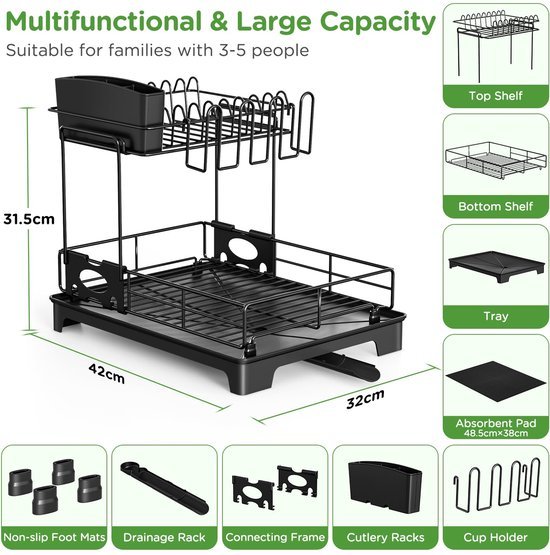 Ibenzoa® Ruimtebesparend tweelaags afdruiprek met lekbak en roestvrij stalen constructie