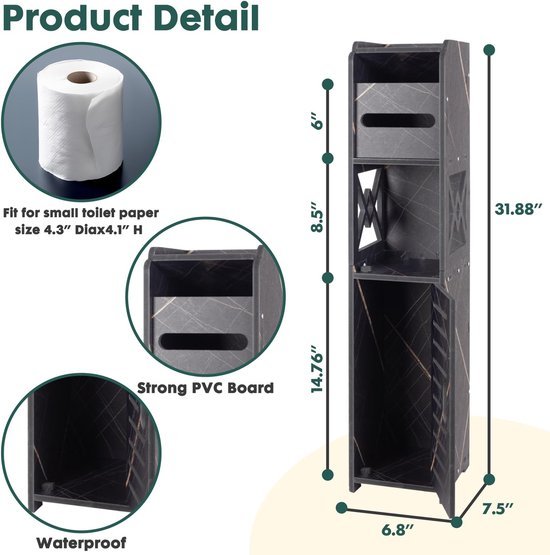Ibenzoa® Slanke zwarte opbergkast voor kleine badkamers met deuren en planken