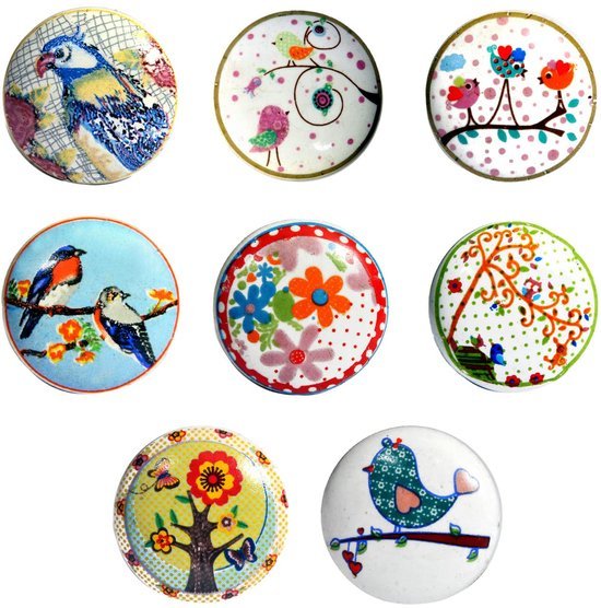 Ibenzoa® Set van 8 handgeschilderde keramische knoppen met vogelontwerpen voor meubels