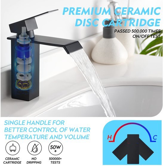 Ibenzoa® Moderne matzwarte badkamerkraan met watervaluitloop en afvoergarnituur Ibenzoa® Moderne matzwarte badkamerkraan met watervaluitloop en afvoergarnituur