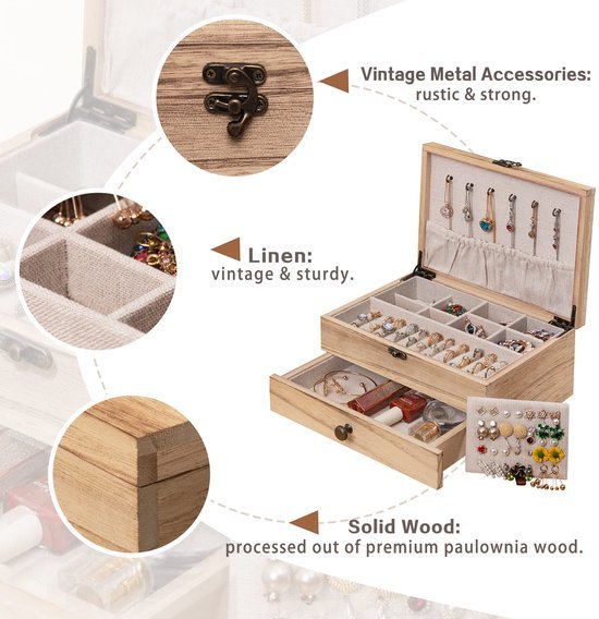 Ibenzoa® Landelijk Houten Sieradenkistje met Dubbel Dek voor Dames en Meisjes Ibenzoa® Landelijk Houten Sieradenkistje met Dubbel Dek voor Dames en Meisjes