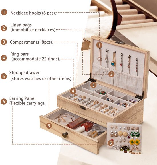 Ibenzoa® Landelijk Houten Sieradenkistje met Dubbel Dek voor Dames en Meisjes Ibenzoa® Landelijk Houten Sieradenkistje met Dubbel Dek voor Dames en Meisjes