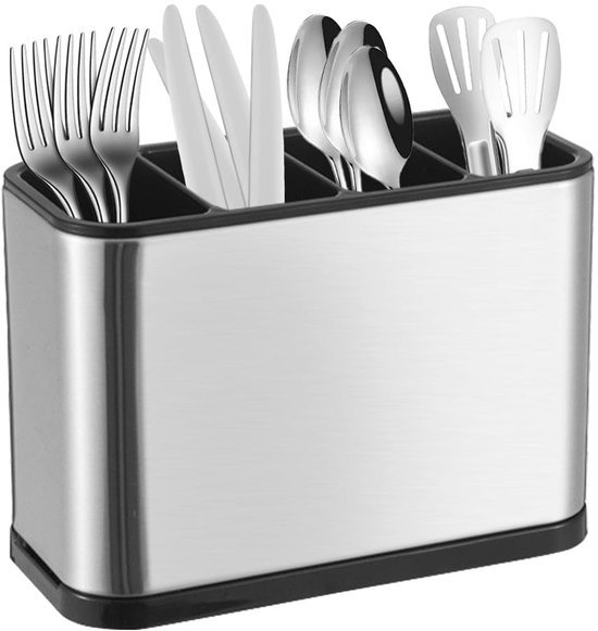 Ibenzoa® Roestvrijstalen bestekhouder met vier vakken en afneembare lekbak voor keuken
