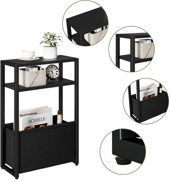 Unyqoos® Moderne bijzettafel met drie niveaus en stoffen opbergmand voor kleine ruimtes