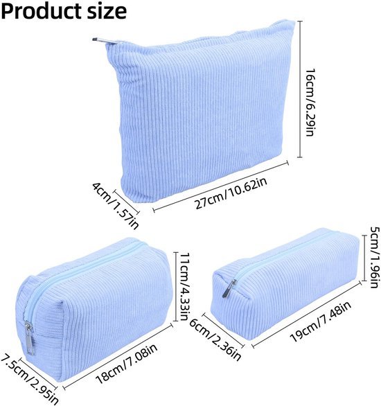 Ibenzoa® Set van drie stijlvolle corduroy make-uptassen met ritssluiting voor reis en dagelijks gebruik