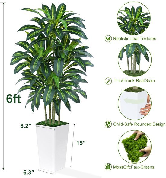 Ibenzoa® Levensechte dracaena kunstplant 180 cm met elegante witte plantenbak