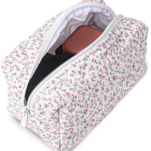 Ibenzoa® Roze gewatteerde toilettas met bloemmotief en ruime capaciteit voor make-up Ibenzoa® Roze gewatteerde toilettas met bloemmotief en ruime capaciteit voor make-up