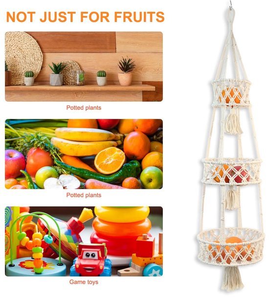 Ibenzoa® Drie verdiepingen hangende mand voor fruit en groenten in bohemian stijl