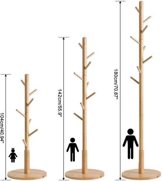 Ibenzoa® Vrijstaande houten kapstok met ronde voet en acht haken in natuurlijke kleur