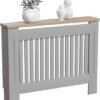 Ibenzoa® Moderne grijze radiatorafdekking met houten plank en lamellen ontwerp