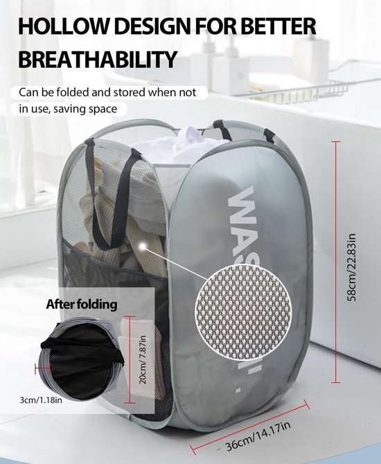 Ibenzoa® Opvouwbare en ademende wasmand met zijvakken voor veelzijdig gebruik