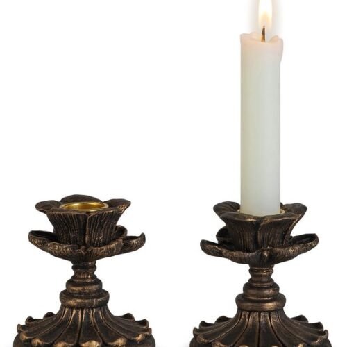 Ibenzoa® Set van twee antieke bronzen kandelaars met bloemmotief voor sfeervolle decoratie